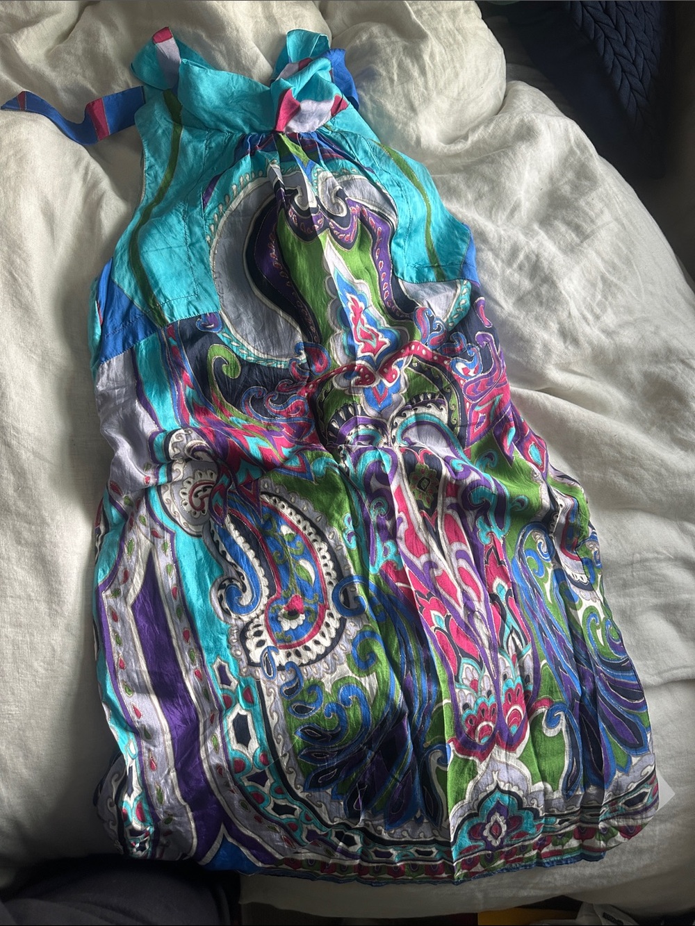Christina Jacobs silk Paisley Halter Dress in Turquoise, Purple & Pink